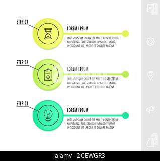 Infografiken Kreise mit 3 Schritten, Symbole. Vektorvorlage für flache Linien. Kann für drei Diagramme verwendet werden, Geschäft, Web, Banner, Info-Grafik, Zeitleiste Stock Vektor