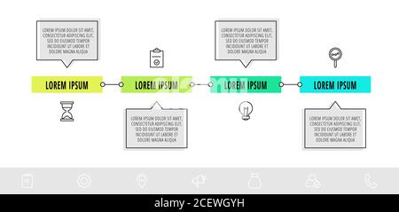 Vektor-Infografik-Design mit 4 Boxen mit Pfeilen und Icons. Flache Vorlage für Diagramm, Geschäft, Flussdiagramm, Info-Diagramm, Zeitleiste, Inhalt Stock Vektor