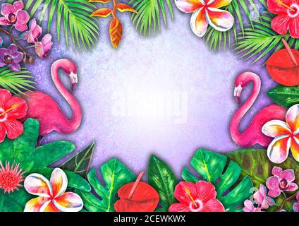 Abstraktes Sommer Aquarell tropisches Paradies. Hand gezeichnet bunte Papier tropisch Pflanzen, rosa Flamingo auf lila Hintergrund für Banner, Einladung, Post Stockfoto