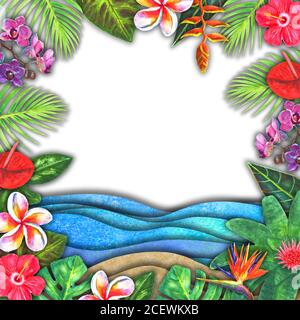 Abstrakt Sommer Aquarell Meereswelle, Sandstrand, tropische Pflanzen Hintergrund. Handgezeichnete blaue Papierwellen und Meeresfasten für Banner, Einladung, Poster. Stockfoto