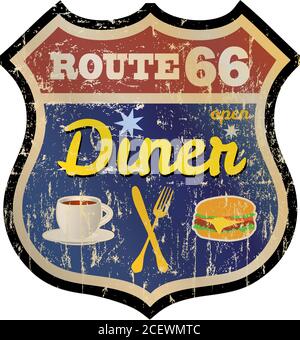 Vintage Route 66 Diner Zeichen, alte Fast-Food-Restaurant Advertsing Zeichen, Vektor-Kunst Illustration, americana Stock Vektor