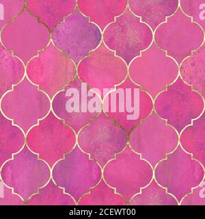 Vintage dekorative marokkanische Nahtloses Muster mit Goldlinie. Aquarell von Hand gezeichnet hellen rosa Hintergrund. Aquarell geometrische orientalische Elemente t Stockfoto