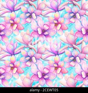 Aquarell schöne Magnolia Blumen nahtlose Muster auf grunge teal Hintergrund. Aquarell handgezeichnet elegante botanische Illustration. Für Tex drucken Stockfoto