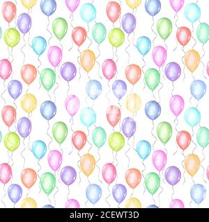 Nahtlose Muster der bunten Regenbogen Farben Aquarell glücklich Urlaub glänzend Helium Luft fliegenden Ballons auf weißem Hintergrund. Aquarell handgezeichnet fes Stockfoto
