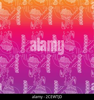 Abstraktes Nahtloses Muster, weißer Umriss, heller Farbverlauf Hintergrund violett orange. Stock Vektor