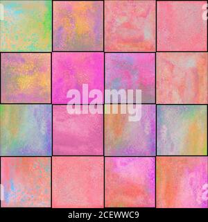 Abstraktes geometrisches Nahtmuster. Multicolor rosa magenta orange handgezeichnet Aquarell Kunstwerk mit einfachen Quadraten Formen Figuren. Aquarell-Shap Stockfoto
