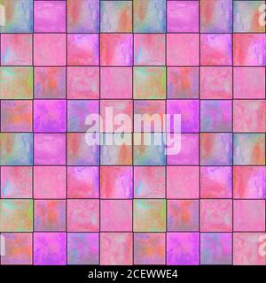 Abstraktes geometrisches Nahtmuster. Multicolor rosa magenta orange handgezeichnet Aquarell Kunstwerk mit einfachen Quadraten Formen Figuren. Wasserfarben-mosa Stockfoto