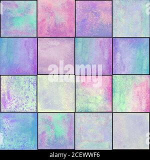 Abstraktes geometrisches Nahtmuster. Multicolor rosa lila blau handgezeichnet Aquarell Kunstwerk mit einfachen Quadraten Formen Figuren. Aquarellmosaik Stockfoto