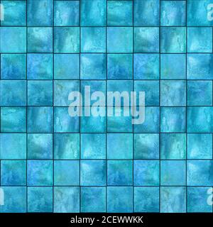Abstraktes geometrisches Nahtmuster. Multicolor blautürkis türkis handgezeichnet Aquarell Kunstwerk mit einfachen Quadraten Formen Figuren. Wasserfarben-mosa Stockfoto