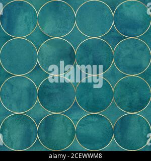 Abstrakter Aquarellhintergrund mit dunkelblaugrün farbigen Kreisen. Aquarell handgezeichnetes Nahtloses Muster mit Goldkonturlinie. Wasserfarben, luxuriöse Textur Stockfoto