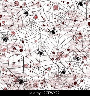 Grunge halloween abstrakte Aquarell nahtlose Muster Hintergrund mit blutigen blutroten Flecken, Netze und Spinnen. Aquarelldarstellung. Art Rough U Stockfoto