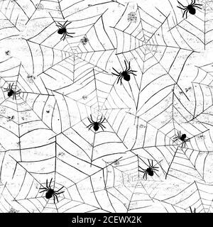 Grunge halloween abstrakt Aquarell nahtlose Muster Hintergrund mit Webs und Spinnen. Gealterte Vintage-Textur. Aquarelldarstellung. Art rough urba Stockfoto