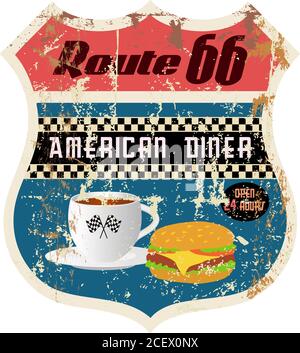 Vintage Route 66 Diner Zeichen, alte Fast-Food-Restaurant Advertsing Zeichen, Vektor-Kunst Illustration, americana Stock Vektor