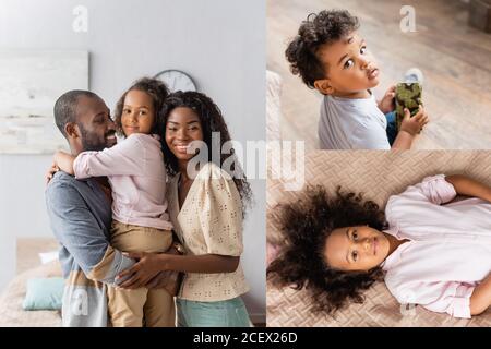 Collage afroamerikanischer Eltern mit Tochter an Händen, Junge mit Spielzeug und Mädchen auf dem Bett liegend Stockfoto