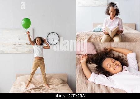 Collage von afroamerikanischen Mädchen springen auf Bett mit Ballon, Buch lesen und ruhen, während Blick auf die Kamera Stockfoto