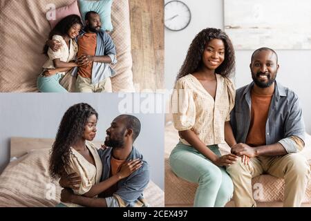 Collage eines afroamerikanischen Paares, das im Bett liegt, die Kamera umarmt und zu Hause anschaut Stockfoto