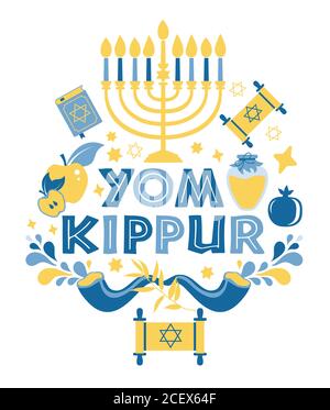 Yom Kippur Grußkarte mit Kerzen, Äpfeln und Schofar und Sybolen. Jüdischer Feiertag Hintergrund. Vektorgrafik auf Weiß. Stock Vektor