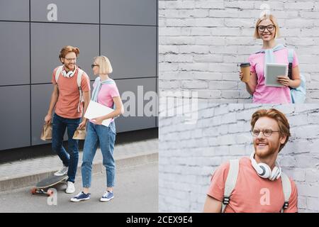 Collage von Studenten zu Fuß mit Papiertüten, junge Frau hält digitale Tablette und Einweg-Tasse und Mann in einer Brille wegschauen Stockfoto