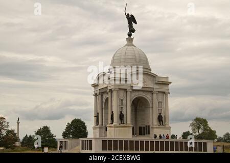 Pennsylvania State Memorial im Gettysburg National Military Park, PA, USA. Die Skulptur der Göttin des Sieges und des Friedens auf der Kuppel. Stockfoto