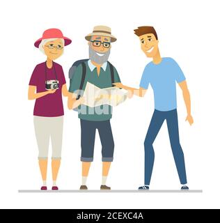 Volunteer zeigt älteren Touristen den Weg - flaches Design Abbildung Stock Vektor