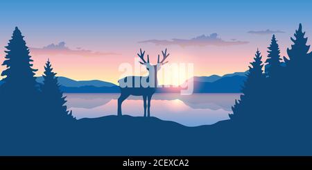 Rentier am See bei Sonnenaufgang Tiere natur landschaft Vektor-illustration EPS 10. Stock Vektor