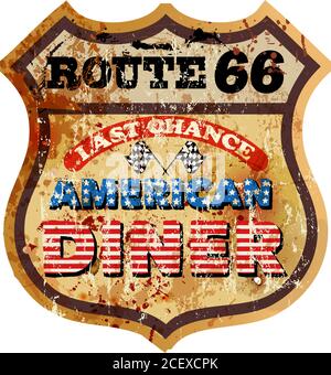 Vintage Route 66 Diner Zeichen, alte Fast-Food-Restaurant Advertsing Zeichen, Vektor-Kunst Illustration, americana Stock Vektor