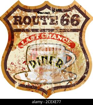 Vintage Route 66 Diner Zeichen, alte Fast-Food-Restaurant Advertsing Zeichen, Vektor-Kunst Illustration, americana Stock Vektor