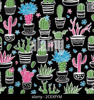Kaktus und Sukkulente Hand gezeichnet nahtlose Muster in Skizze Stil auf schwarz. Doodle färbt Blumen in Töpfen. Vektor bunte niedliche Haus Innenpflanzen. Stock Vektor