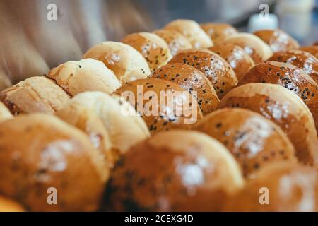 Von oben appetitlich frisch gebackene Brötchen mit schwarzem Sesam Für Hamburger in Reihen angeordnet Stockfoto