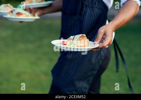 Seitenansicht eines nicht erkennbaren Kellners auf der Schürze, der mit Tellern ging Entlang Rasen und serviert köstliche Gerichte während der Hochzeitsfeier in Garten Stockfoto