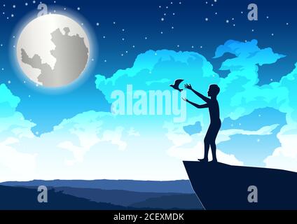 Der Mensch ließ den Vogel hinaus in den Frieden auf der Klippe hinein Schöne Nacht, Vektor-Illustration Stock Vektor