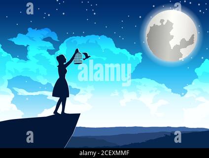 Frau ließ den Vogel hinaus zum Frieden auf der Klippe innen Schöne Nacht, Vektor-Illustration Stock Vektor
