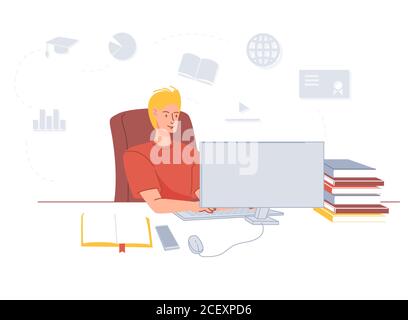 Junger Mann studiert mit Laptop Online-Bildung Stock Vektor