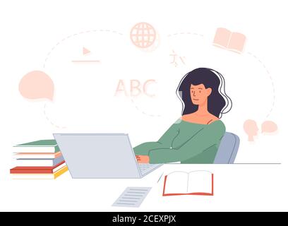Frau, die Fremdsprache online auf dem Laptop Stock Vektor