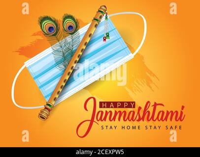 Lord Krishna Indian God Happy Janmashtami Festival. Covid 19, Corona Virus Konzept. vektor-Illustration Stock Vektor