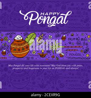 Indian Festival pongal wünscht Doodle Skizze blauen Hintergrund Stock Vektor