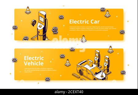 Banner für Elektrofahrzeuge. Konzept von Öko-Kraftstoff, grüne Energie für den Transport, Laden der Autobatterie. Vektor isometrische Illustration der modernen Ladestation und Elektroauto Stock Vektor