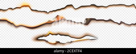 Verbrannte Papierkanten mit Feuer und schwarzer Asche isoliert auf transparentem Hintergrund. Vektor realistische Satz von Rändern und Rahmen von verbrannten und schwelenden Papierblättern mit abgerissenen Kanten Stock Vektor