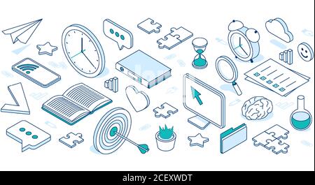 Isometrische Symbole für Unternehmen mit Cloud, Computer, Telefon und Uhr. Vektor-Set von flachen Symbolen im Konzept von Ziel, Zeit, Idee und Suche isoliert auf weißem Hintergrund Stock Vektor