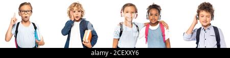 Collage von Schulmädchen mit Idee, überrascht Schuljunge berühren Gesicht, multikulturelle Kinder Umarmung und Junge Musik auf weiß isoliert hören Stockfoto