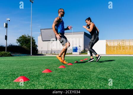 Ganzkörper-Seitenansicht von fokussierten, sportlichen Männern und Frauen, die beim Training mit einer Agility-Leiter auf dem grünen Rasen auf dem Sportplatz Ausfallschritte machen Stockfoto