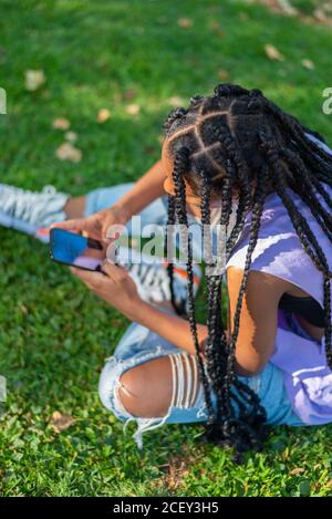 High Angle Seitenansicht der modernen Hipster afroamerikanischen Weibchen Mit Afro-Zöpfen auf grünem Gras sitzen und Smartphone surfen Während der Erholung im Park im Sommer Tag Stockfoto