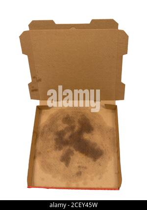 Über dem Kopf Schuss einer leeren Pizzabox mit Fettfleck Im unteren Bereich des Kastens Stockfoto
