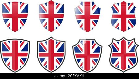 Vertikale britische Flagge in Schildform, vier 3d und einfache Versionen. Symbol/Zeichen für Großbritannien Stock Vektor