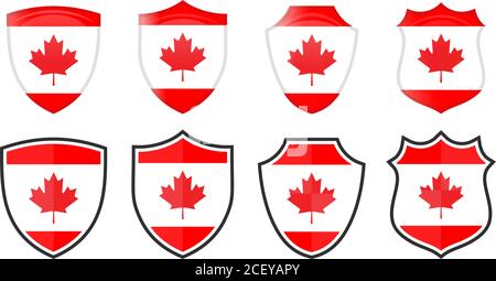 Vertikale Kanada Ahornblatt Flagge in Schildform, vier 3d und einfache Versionen. Kanadisches Symbol / Zeichen Stock Vektor