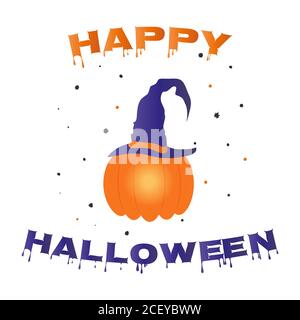 Happy halloween Text und orange Kürbis in der Hexenhut Vektor Illustration. Stock Vektor
