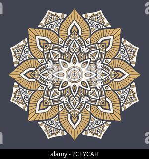 Mandala. Dekorativer Rundschmuck. Isoliert auf dunklem Hintergrund. Arabische, indische, ottomanische Motive. Für Karten, Einladungen, T-Shirts. Vektorfarbe. Stock Vektor
