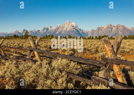 Der geteilte Gleiszaun verläuft über das davor ablaufende Salbeifeld Der Teton Berge im Grand Teton Nationalpark Stockfoto