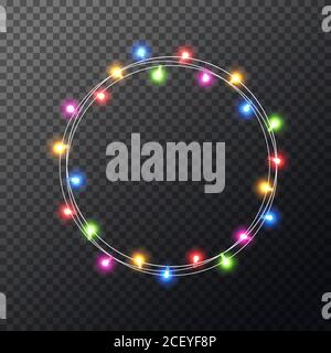 Weihnachtsfarbe Lichter Kranz. Leuchtende bunte Weihnachten Girlande. Frohe Weihnachten Luxus Rahmen. Weihnachtsdesign für Grußkarte, Banner, Poster Stock Vektor