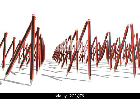 Rot und schwarz Graphitstifte marschieren wie Soldaten isoliert auf weißem Hintergrund. Zurück zur Schule Konzept. 3d-Illustration. Stockfoto